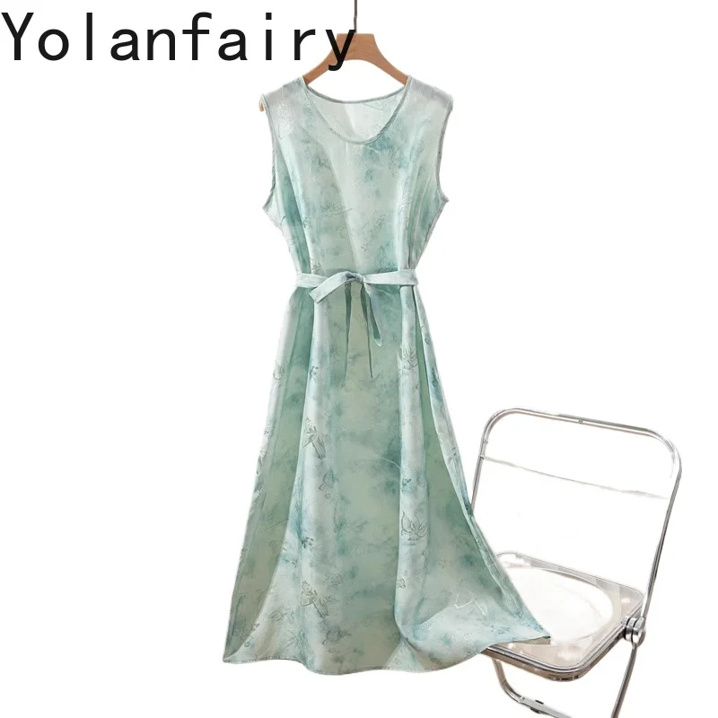 

YOLANFAIRY Fashion 100% Real Mulberry Silk Dresses Summer 2025 Jacquard Tie-dye Sundress Woman Elegant Lace-up Ladies Dresses