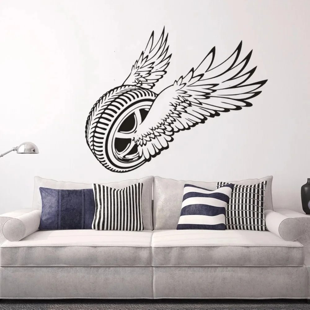 

Winged Car Wheels Vinyl Wall Sticker Magic Flying Tires Wall Art Decals Auto Car Tire Service Wall Poster Decoration