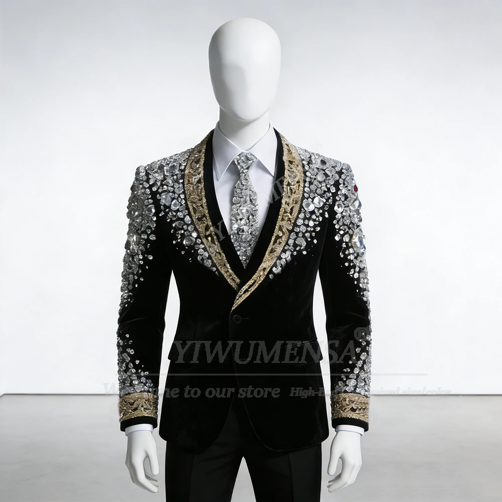 Luxury Diamond Beaded Men Suit Attire 2 Piece Set Prom Blazer Customized Slim Fit Costume Homme Shawl Lapel Groom Party Tuxedos