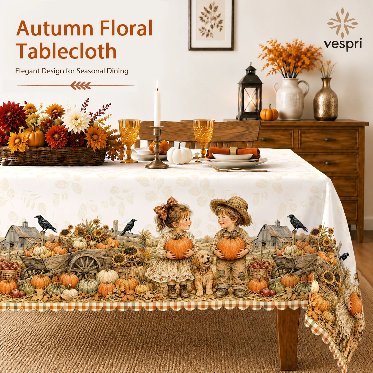 Woodland Tablecloth with Squirrels, Foxes and Sunflowers for Indoor/Outdoor Camping decor, Rectangular/Round/Oval