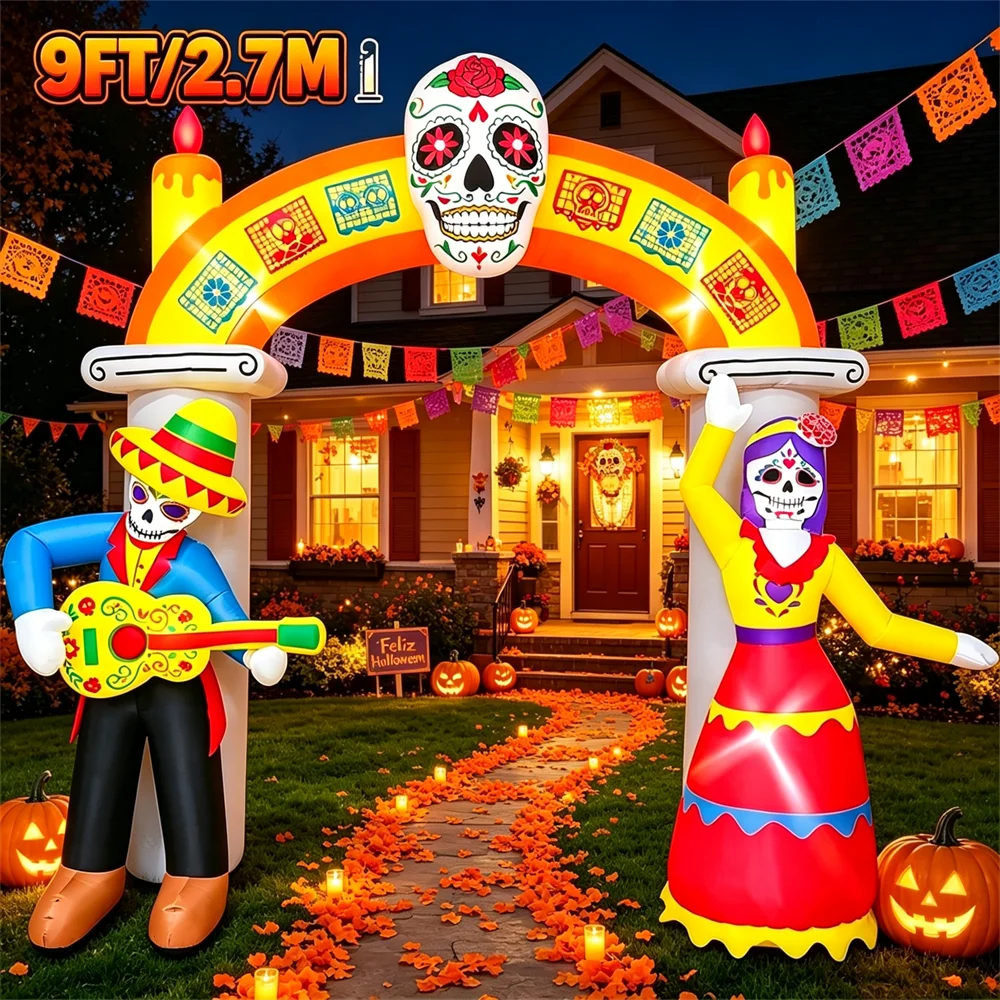 Halloween Day of The Dead Inflatable Archway Model 9FT/2.7M LED Lighted Blow Up Decoration for Outdoor Yard Lawn Holiday