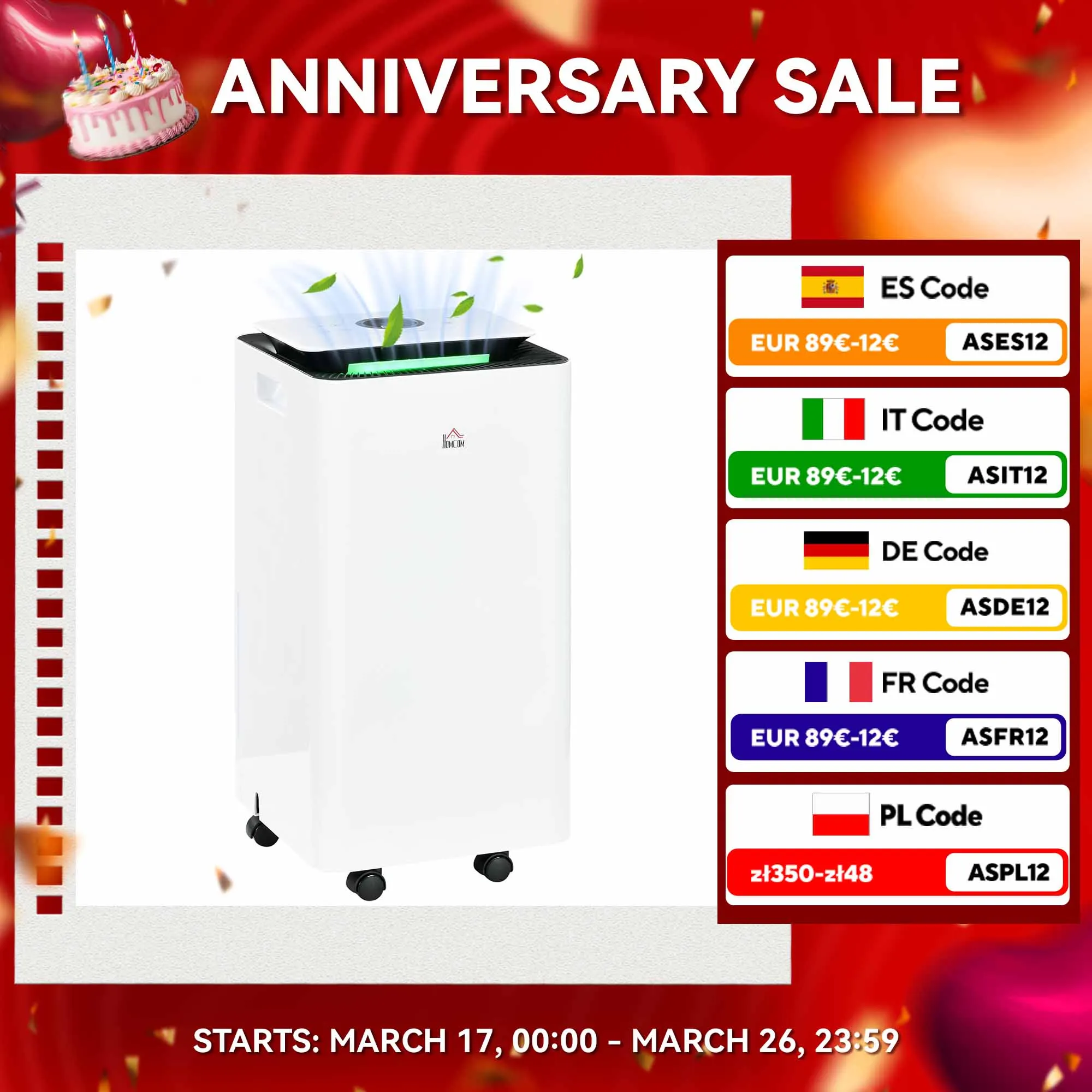 Deumidificatore elettrico HOMCOM con 5 modalità 10L/giorno 200W 25x25x50,5 cm bianco