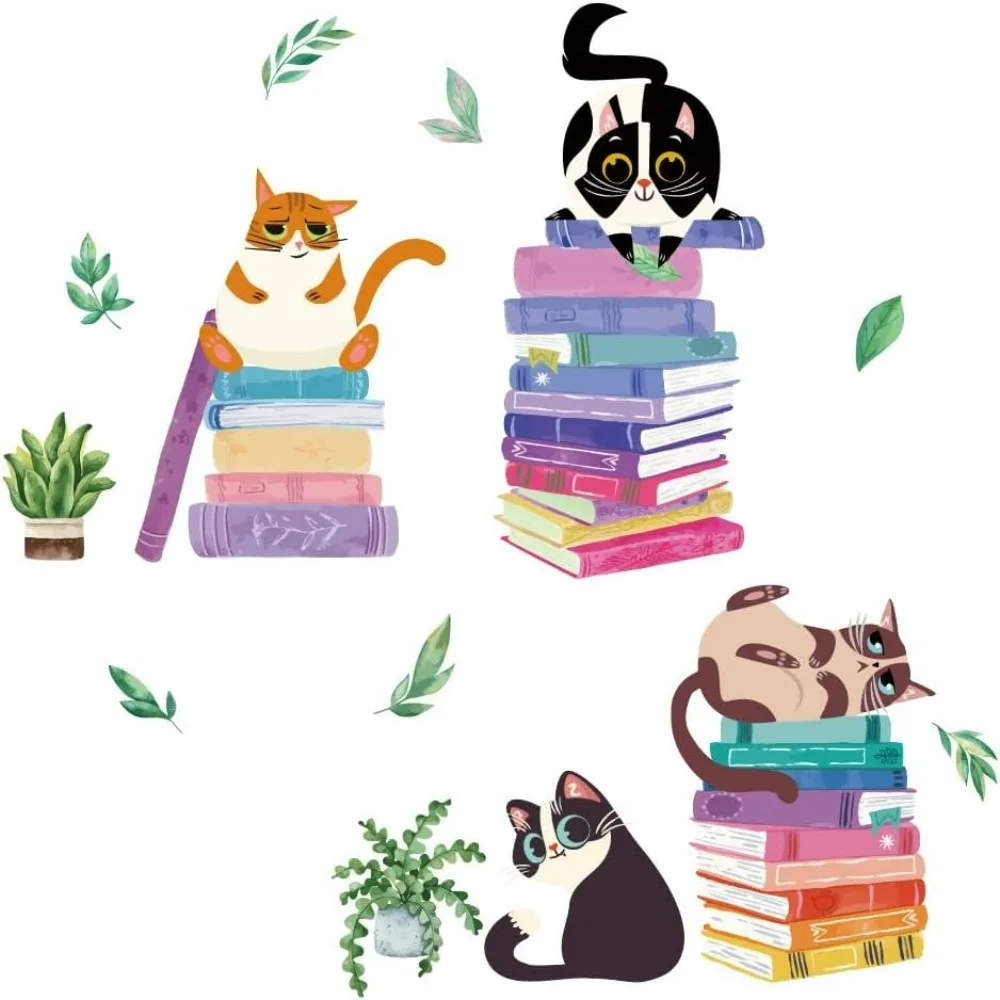 Cats Reading Wall Stickers Colorful Book Plants Wall Decal Kitty Kitten Neutral  Decorations Study Classroom Bedroom  Classroom