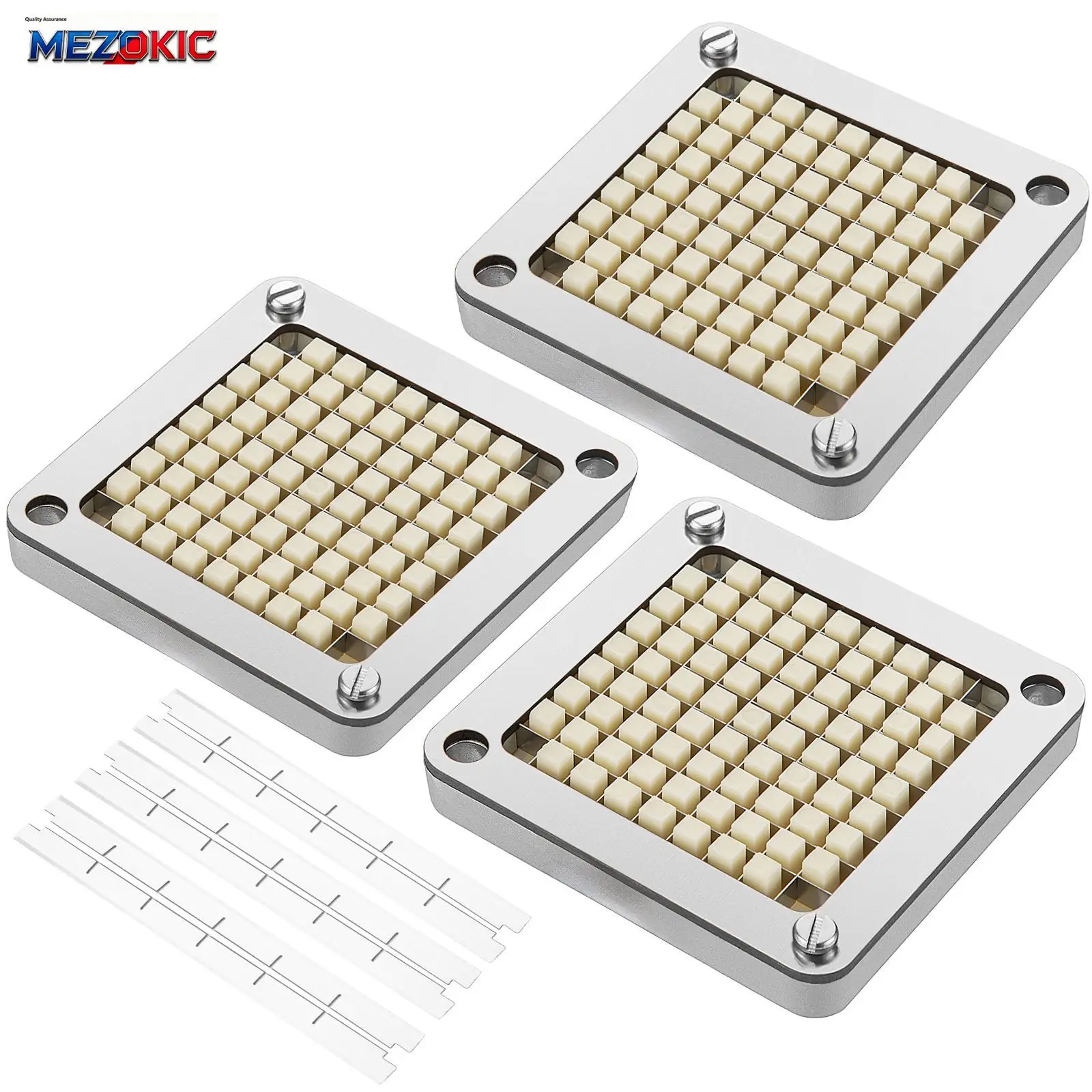 Replacement Chopper Blade, 3/8 inch, 3 PCS French Fry Blade Assembly with 6 Extra Knives, Stainless Steel Dicer Parts and Push Block for Cutting Potatoes Carrots Onions Cucumbers Mushrooms