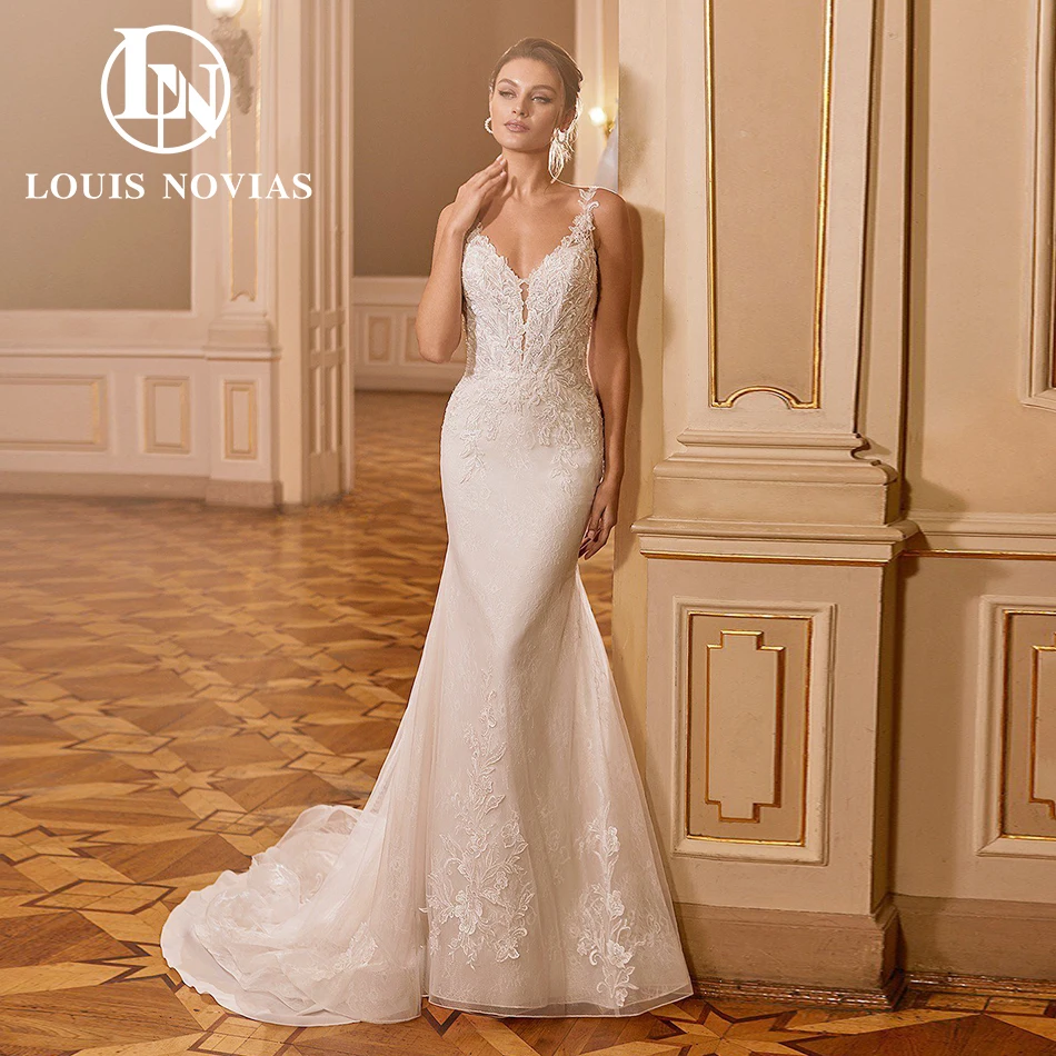 

LOUIS NOVIAS Mermaid Wedding Dress For Bride Spaghetti Straps Sweetheart Illusion Embroidery Wedding Gown Vestidos De Novia