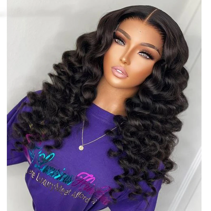 Perruque Lace Front Wig sans colle bouclée noire naturelle, cheveux de bébé, 26 longs, densité 180, deep wave, pre-plucked, degré de chaleur, pour femmes, 03/3