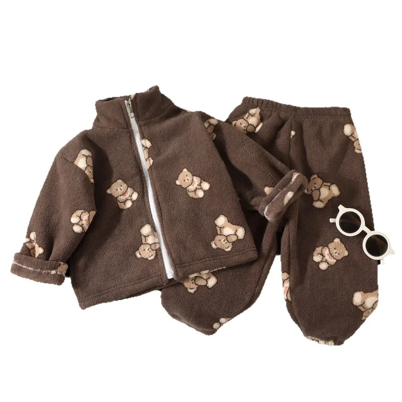 Bellbell Winter 2-12 Jahre Mädchen 2-teiliges Set Cartoon-Print Kinder Mädchen Reißverschluss-Mantel Anzug Dinosaurier Flanell Kleinkind Mädchen Hose Homewear-Anzug – Detail 5