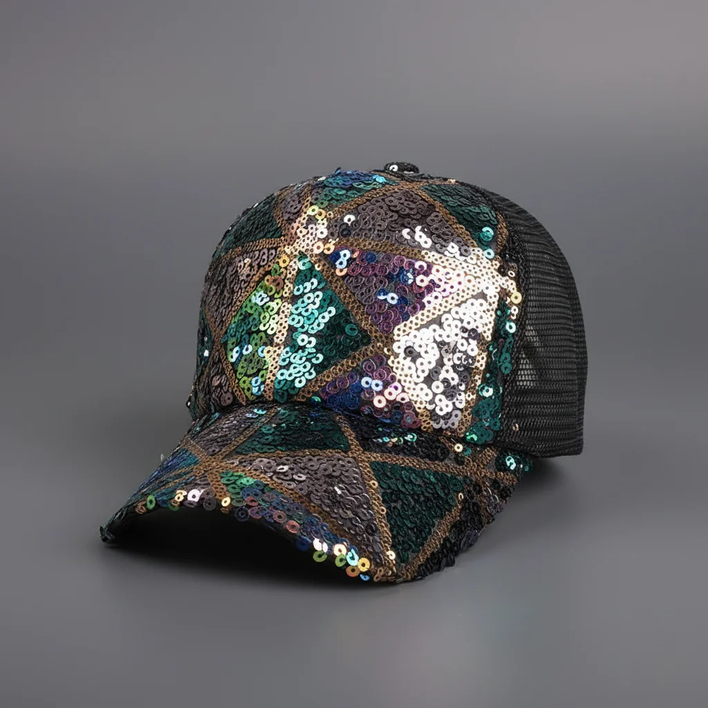 Fashionable Sequins Mesh Cap For Women Men Outdoor Breathable Sun Protections Hat Cotton Polyester Blend
