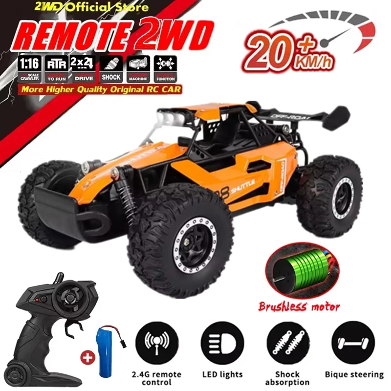 

Rc Car Off Road 2WD High Speed 20KM/H Remote Control Car with LED Headlight Brushless 2WD 1/16 Monster Truck Toys for Boys Gift