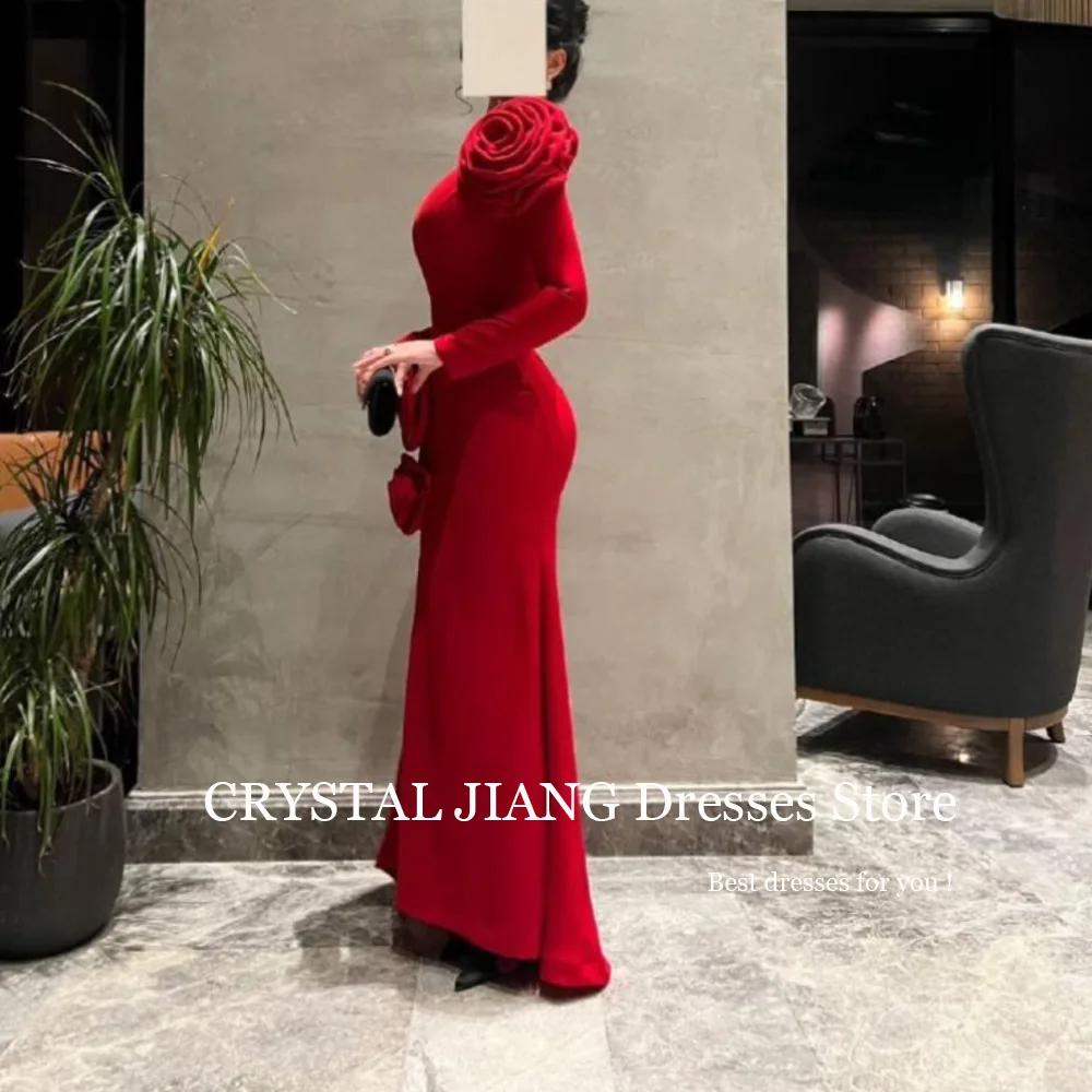 Elegant Long Red Spandex O Neck Evening Dresses Full Sleeves with Handmade Flowers Sheath Floor Length  فساتين سهرة