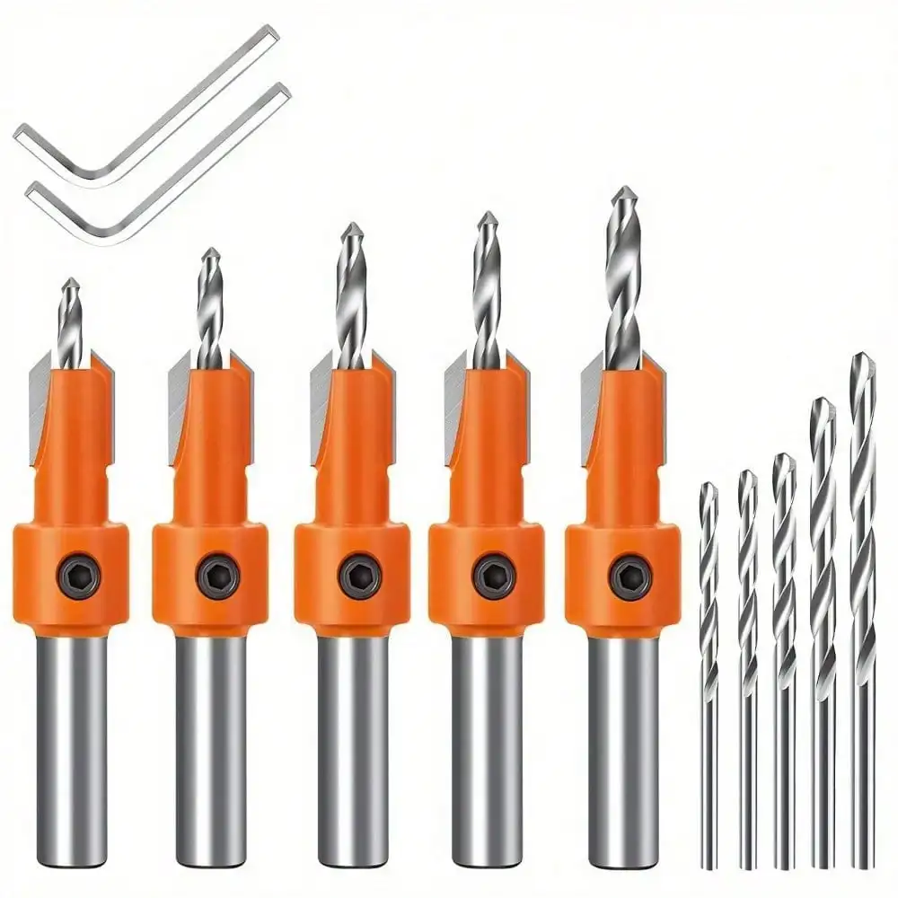 10pcs/Set Woodworking Countersunk Drill, Taper Drill, Alloy Head Screw Ladder Drill, Wood Self Tapping Screw Installation Ladder Drill, Suitable For Woodworking Drilling Holes