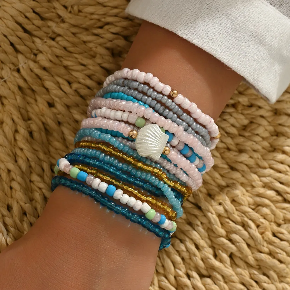17pcs Set Boho Ocean Theme Imitation Pearl Multicolored Seed Bead Scallop Bracelets for Women Girls Travel Stack Jewelry Sets