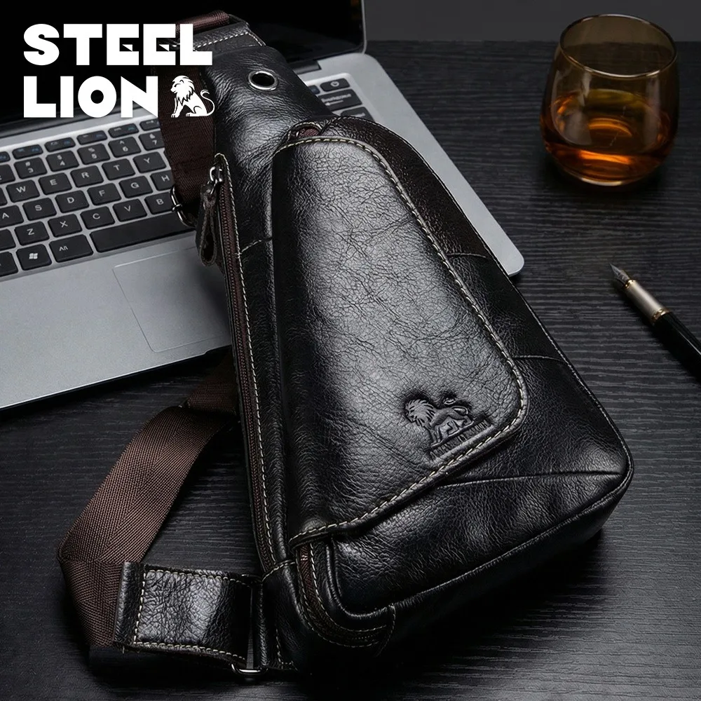 Men Triangle Genuine Leather Chest Bag Sling Crossbody Bag Outdoor Travel Casual Chest Pack Daypack