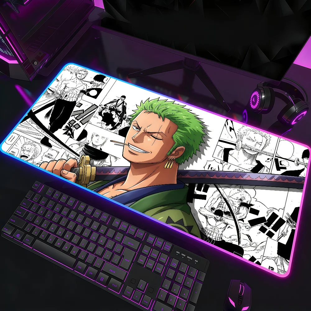 Anime O-ONE P-PIECE R-Roronoa Zoro Mouse Pad  RGB Led Gaming Bedroom Office Desk Non-Slip Mat  Waterproof Large