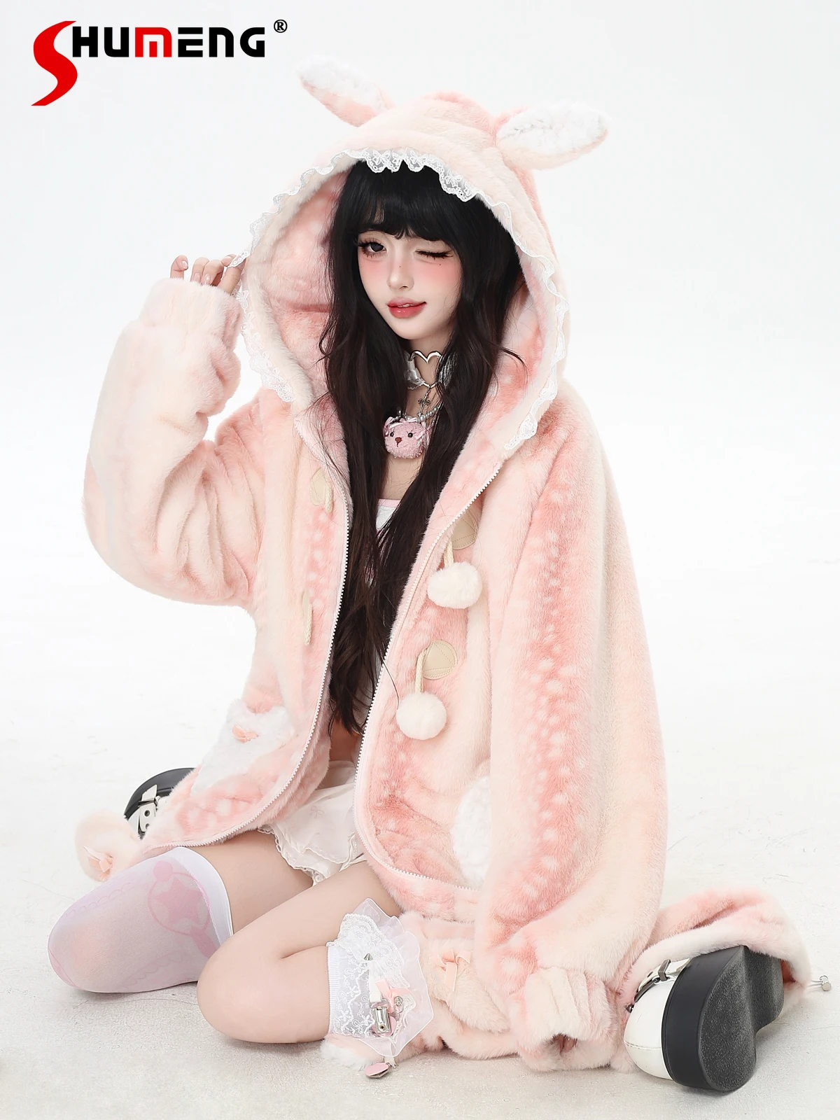 

2025 зимняя рождественская милая куртка с капюшоном в виде оленя, свободная повседневная парка с карманом в форме сердца на молнии, плюшевое парковое пальто для женщин с гетрой