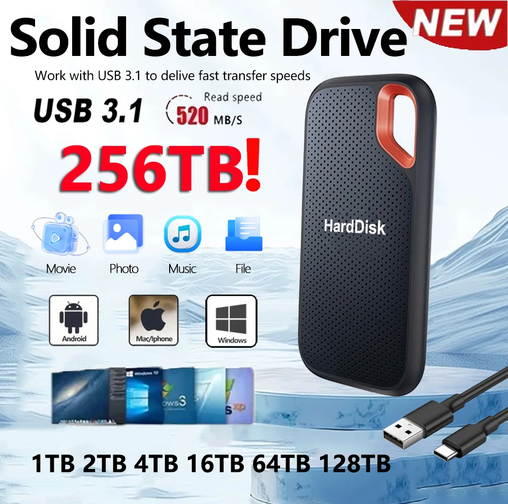 أقراص صلبة خارجية بسعة كبيرة 256 تيرا بايت 2 تيرا بايت 4 تيرا بايت محرك الحالة الصلبة المحمول من النوع C USB3.1 سرعة نقل سريعة لسطح المكتب/الكمبيوتر الشخصي/ماك #1