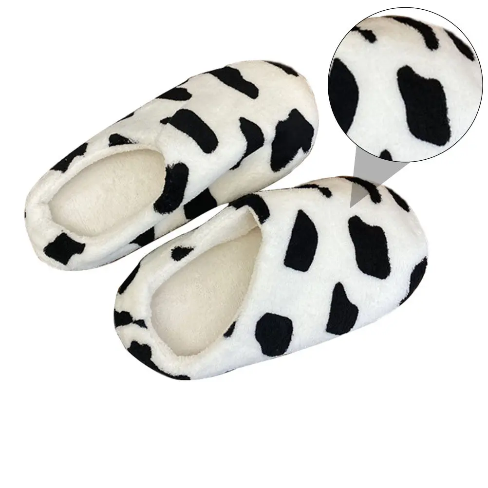 1Pair Cow Pattern Warm Winter Slippers Indoor Bedroom Shoes Soft Comfortable Black White Lightweight Household Slip-on Students