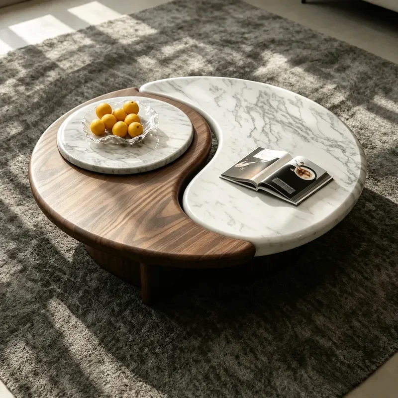 New Chinese Rock Slab Solid Wood Coffee Table Round Tai Chi Style 2026 Creative Song Aesthetics Modern Simplicity Living Room
