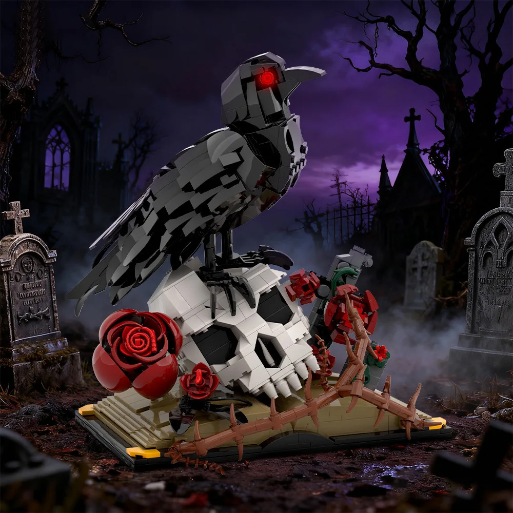 

MOC Horror Thorny Rose Crow Skull Flower Building Blocks Set Gothic Quirky Skeleton Bouquet DIY Toy For Children Halloween Gifts