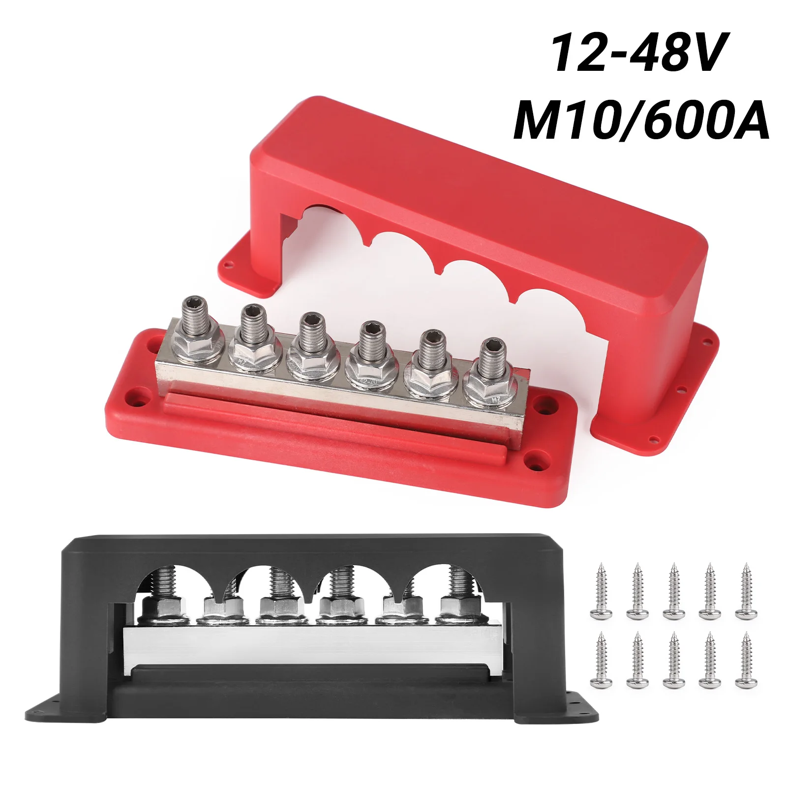 

600A 12-48V Bus Bar Terminal for Caravan Truck Boat Car Camper RV Caravan 6 Post Power Distribution Block M10 Rating Bar Pair