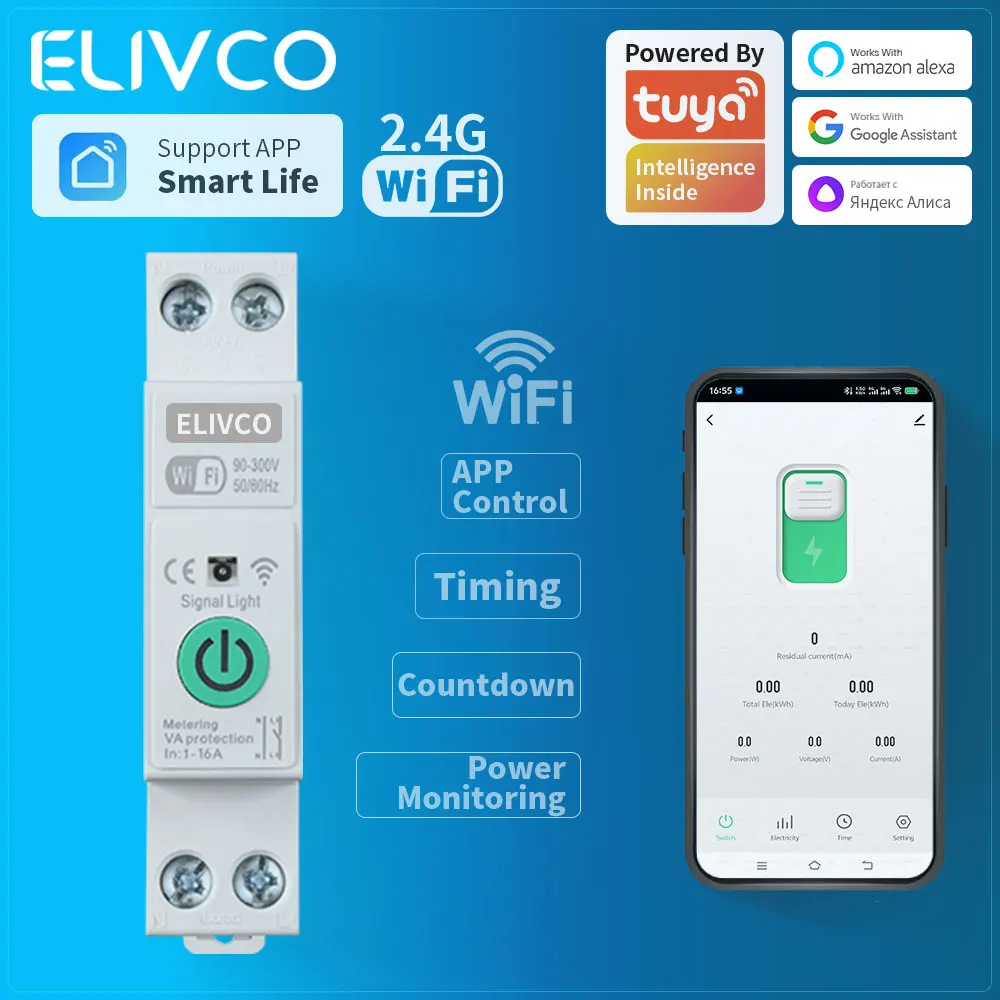 

Tuya WiFi Smart Circuit Breaker Switch 1P+N With Metering Timer Relay MCB Voltage Current Protect Alexa Google Home Alice