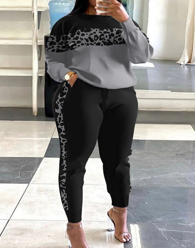 Women's fashionable casual leopard print plus size long sleeved pants set for autumn/winter 2025 new women's clothing