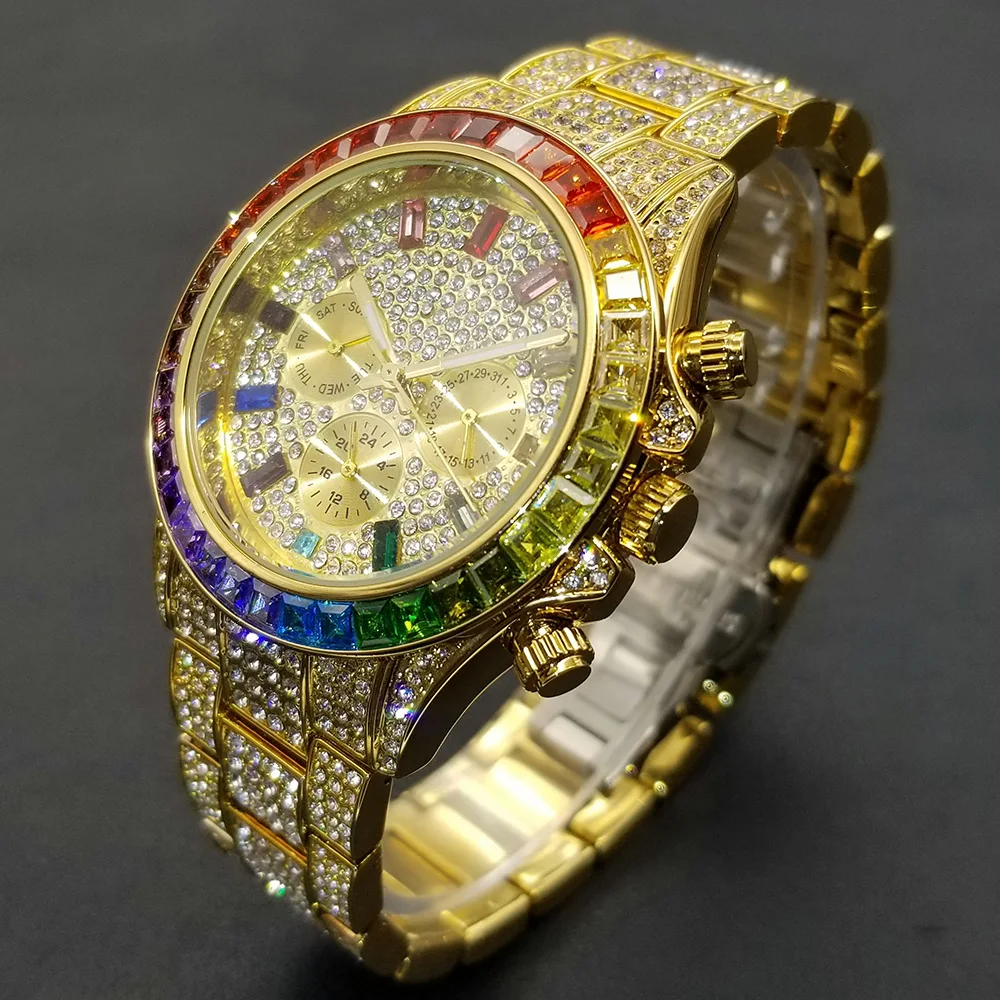 

Luxury Mens Watches Colorful Bezel Full Diamond Iced Out Calendar Quartz Watches Fashion Week Display Waterproof Clock dropship