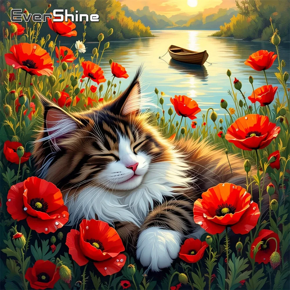 EverShine Diamant-Stickerei Tier Katze Vollquadrat-Mosaik Mohnblumen-Strass-Bild Sonnenuntergang Diamantmalerei-Set Heimdekoration
