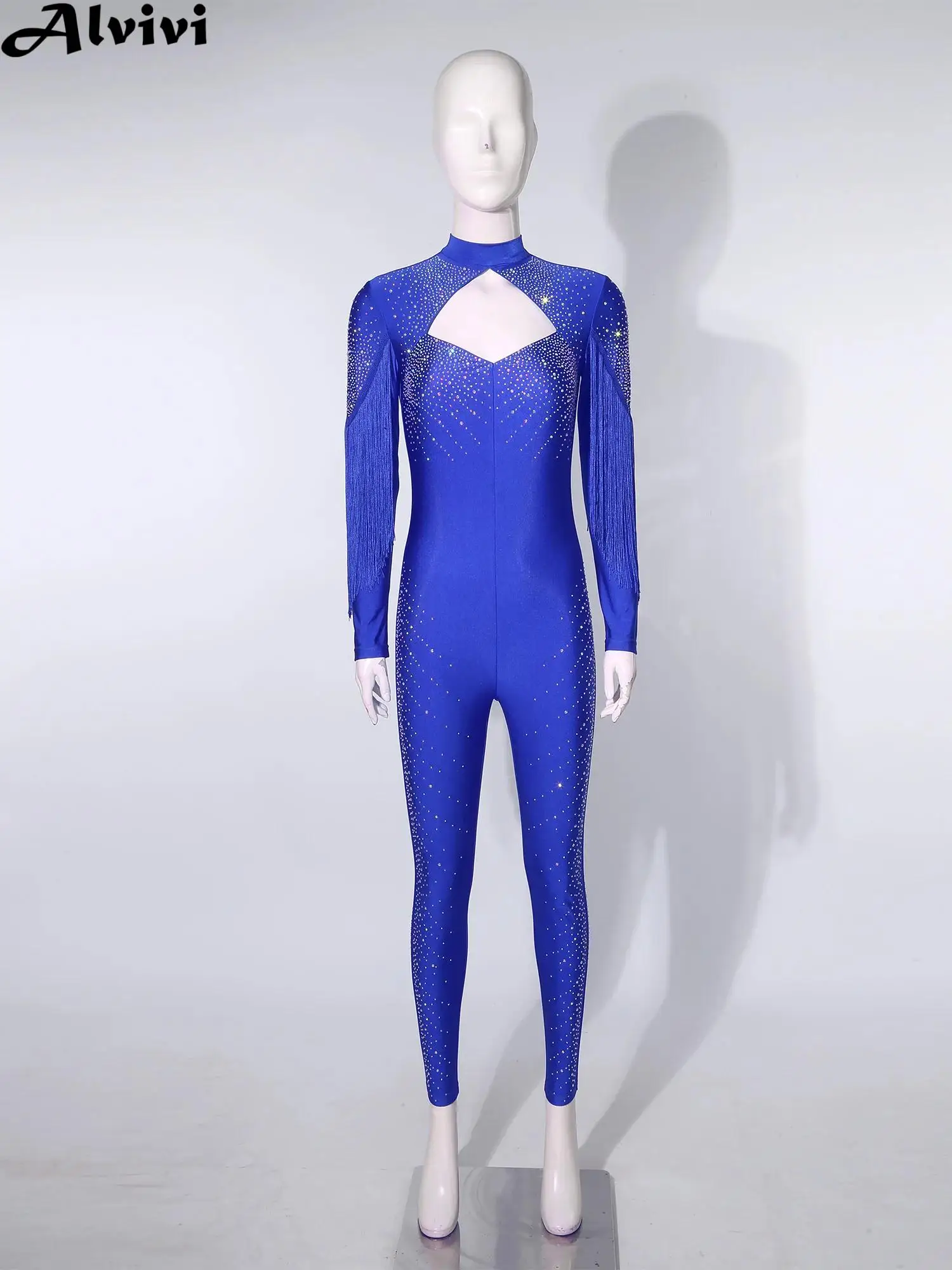 

Женский купальник для фигурного катания, гимнастики, балета, танцев, акробатики, с кисточками и длинными рукавами, блестящий комбинезон со стразами и вырезом, танцевальная одежда