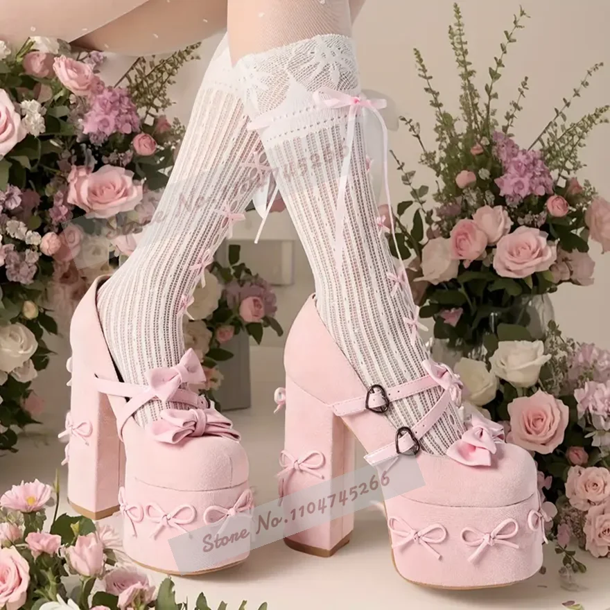 Strange Chunky Heel Platform Dress Shoes Black Pink Suede Butterfly-Knot Wedding Pumps Heart Shaped Buckle Strap Elegant Heels view 6
