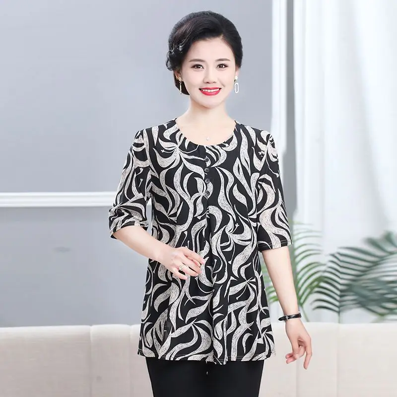 Women Summer Fashion Loose Large Size Elegant Printing O-neck Short Sleeve Shirts Ladies Casual All-match Appear Thin Top Tee