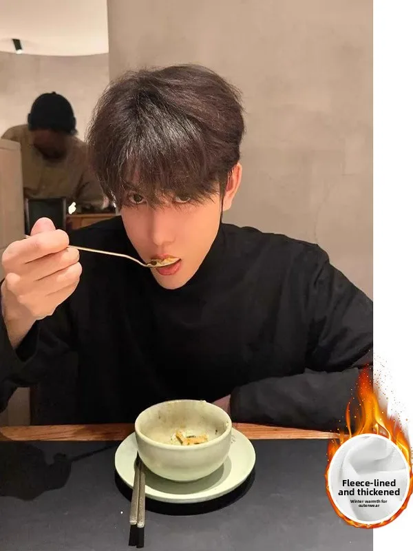 

Thiened Fce Мужская Long Sve Base irt Двусторонний бархатный черный воротник с высоким воротником Американская внутренняя одежда на весну и осень