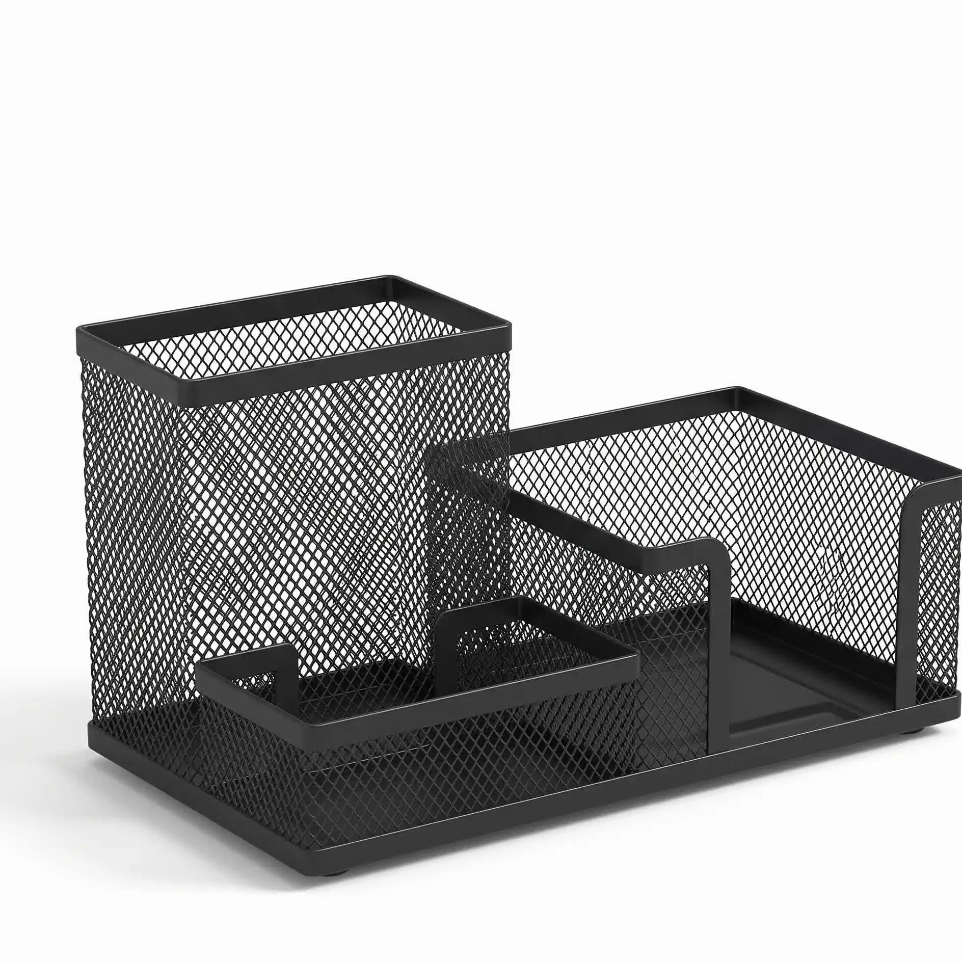 Mesh Desk Organizer Office Supplies Caddy with Pencil Holder and Storage Baskets for Desktop Accessories, 3 Compartments, Black