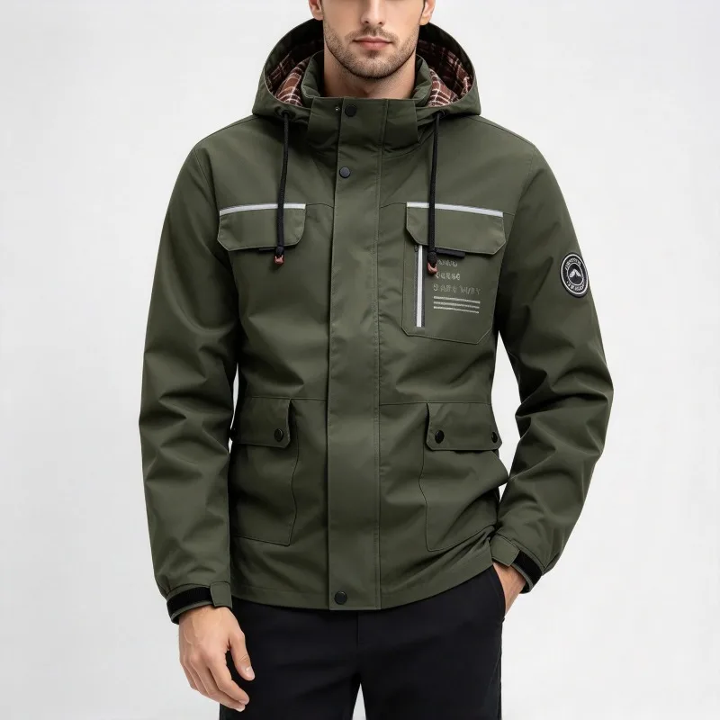 Mens Spring Autumn Windbreaker Jacket Windproof Waterproof Hooded Long Sleeves Solid Color Casual Hiking Hat Detachable Coat Men