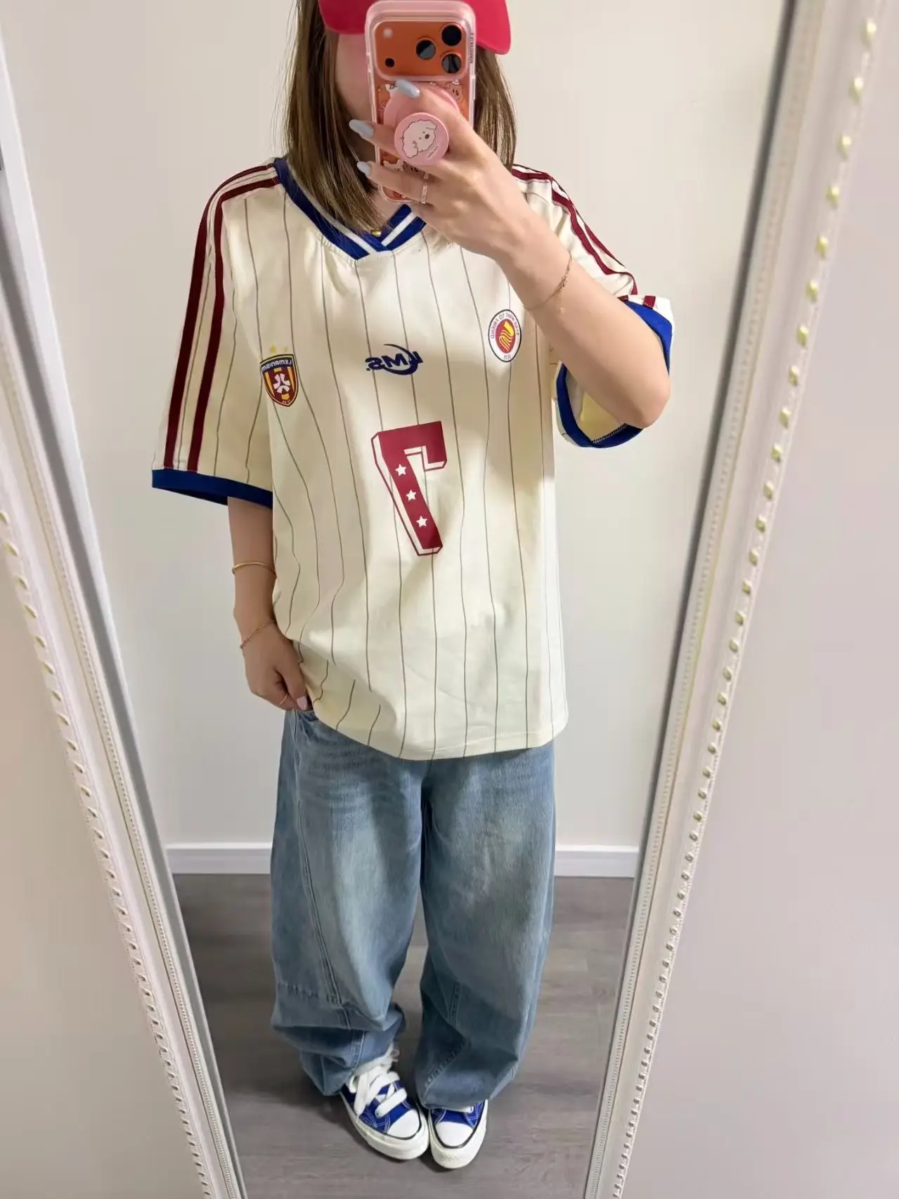 Trendy V-neck Striped Short Sleeve  Shirt Women's Summer Loose Color Block Baseball Style T-shirt American Fashion Top