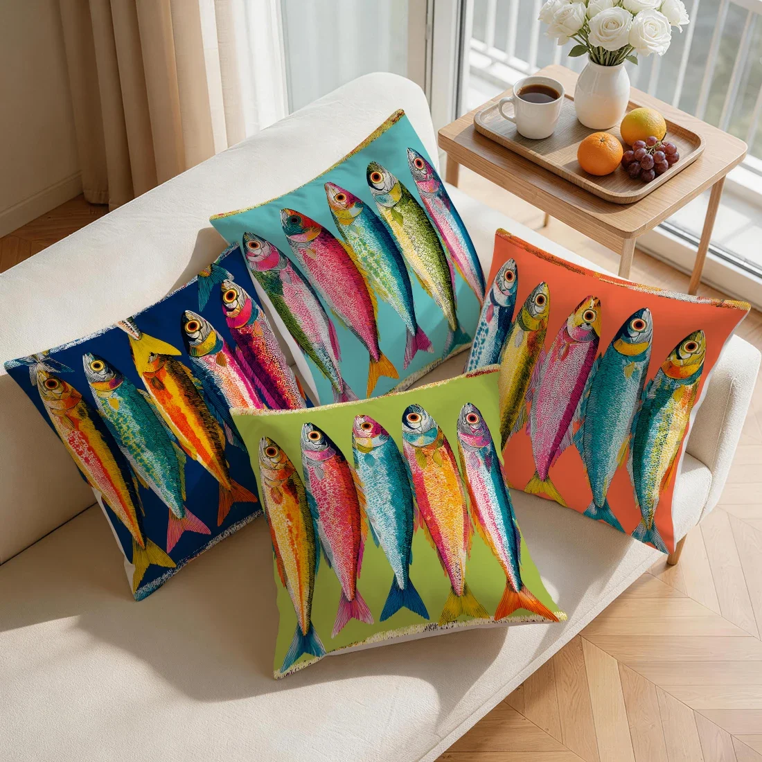 Retro Color Art Fish Cushions Pillowcase Polyester Cushion Cover Throw Pillow Pillowcover Home Car Sofa Decor