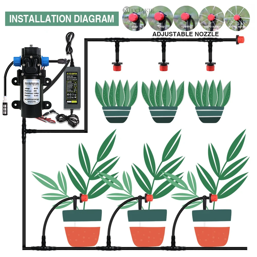 MUCIAKIE Efficient Garden Watering Hose Kit with 60W Self-Priming Pump, 110-240V Power Supply, and Versatile 8 Adjustable Drip