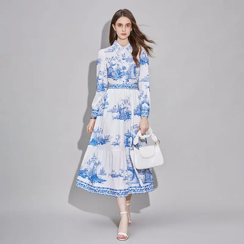 Autumn Runway Blue Red Floral Print Midi Dress Women's Lapel Long Lantern Sleeve High Street Casual Party A-Line Shirt Dress