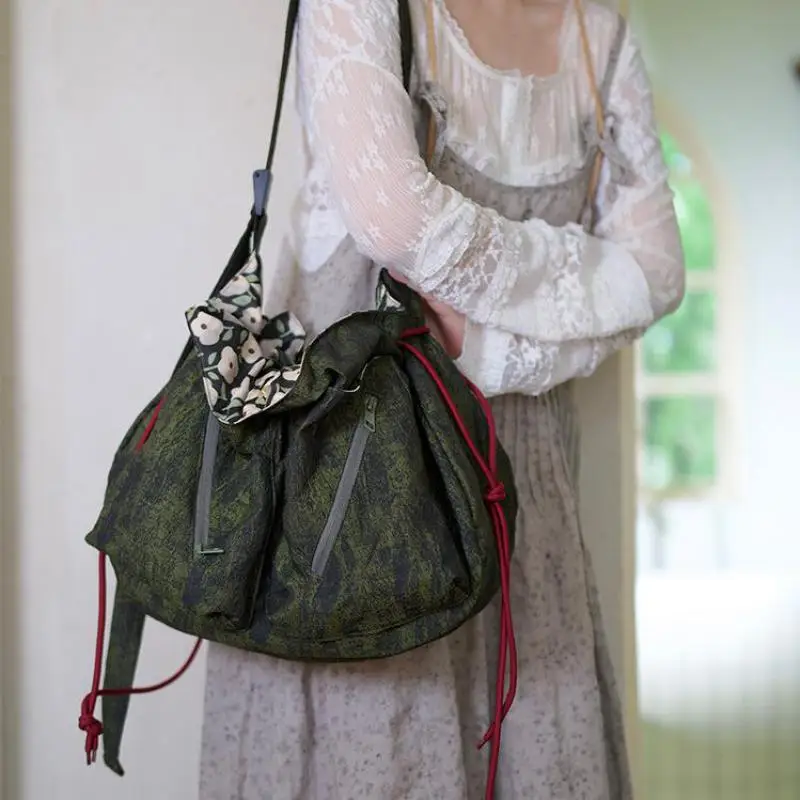 Original Cotton Fabric Vertical Drawstring Tote Bag Lined With Plant And Floral Patterns Printed On Shoulder Crossbody Bag Trend