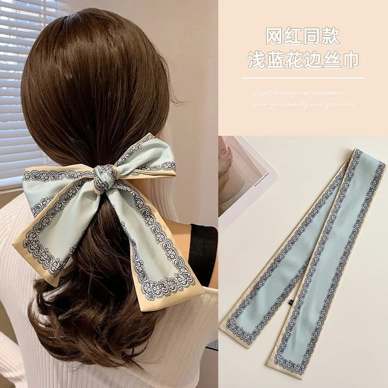 Fashion Printing Silk Long Ribbon Hair Scarf for Women Headscarf Bow Ponytail Ties Headwear