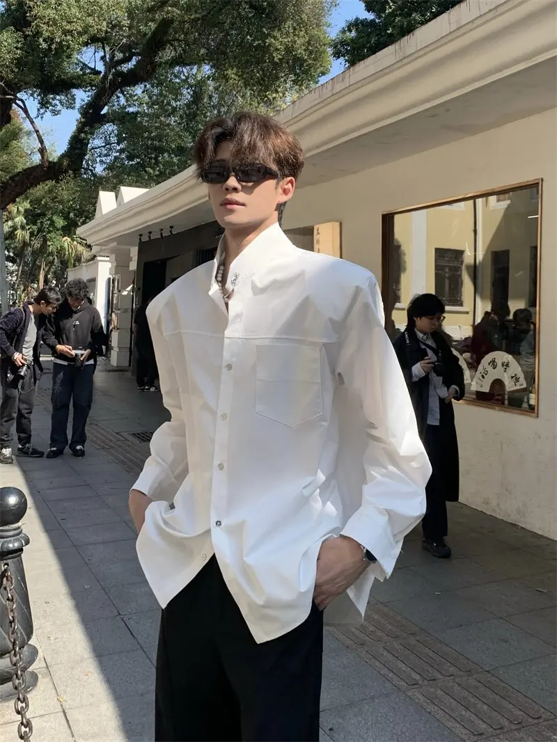 Ace Tailors Men's Shirt Shoulder Pads Long Sleeve Stand Collar Slim Fit Pure Color High-End Feeling Citywalk Business Casual