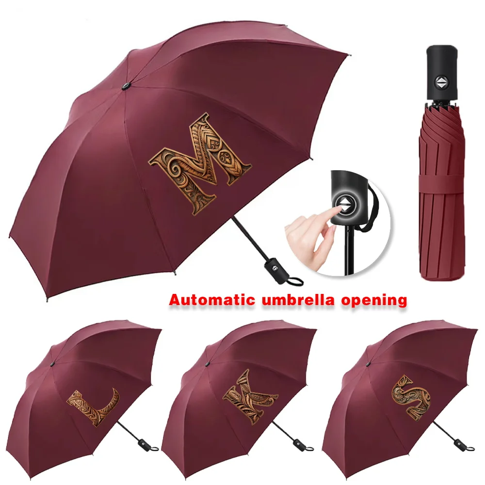 UV Fully Automatic Sun Rain Umbrellas Collapsible Protection Windproof Compact Daily Travel Essentials Wood Art Letter