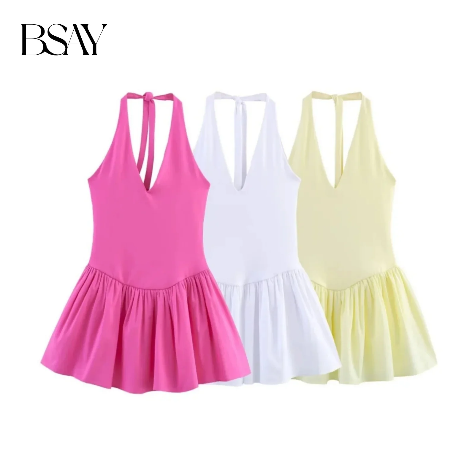BSAY Kleid für Frauen Mode Sommer Neue Einfarbig Halter V-ausschnitt Backless Mini Kleider Französisch Chic Weibliche Abend Kleidung