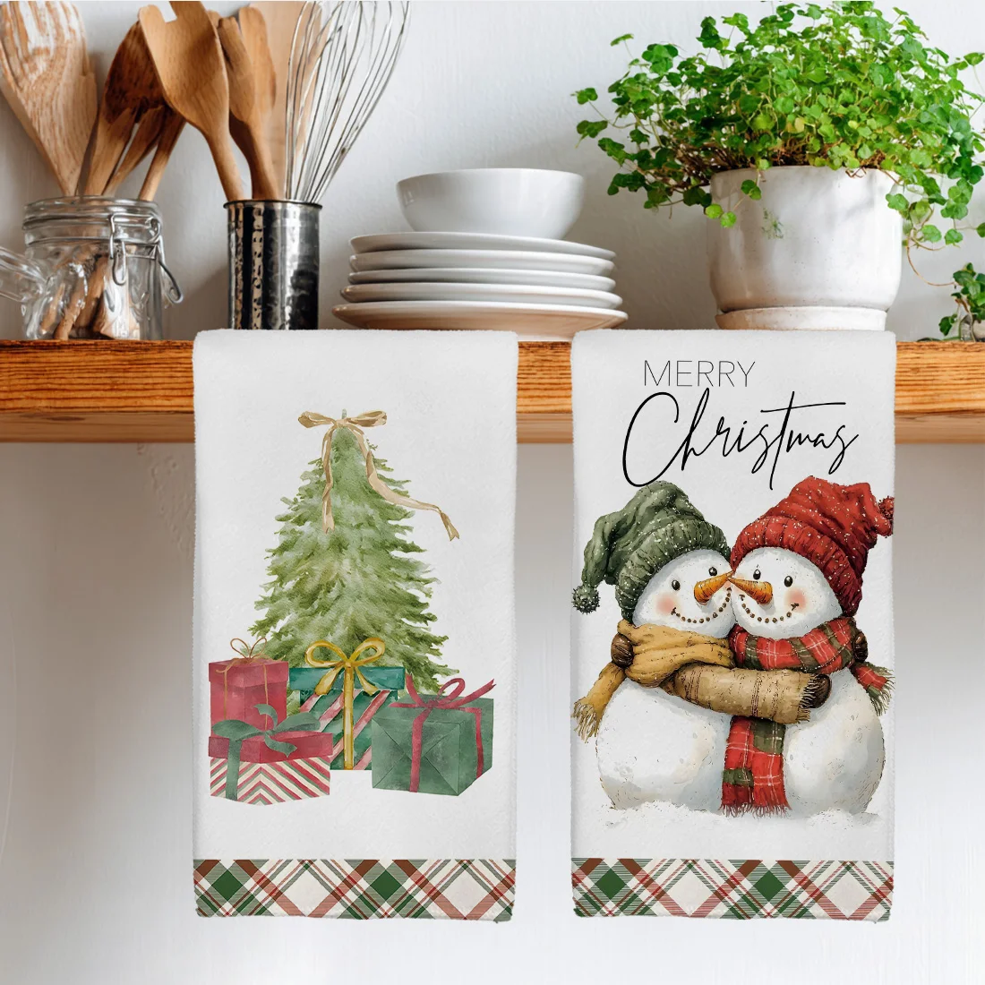 40x60cm Christmas Tree Tea Towel Kitchen Dishcloth Grid Tree Snowman Pattern Cleaning Cloth Gift Merry Christmas Decor