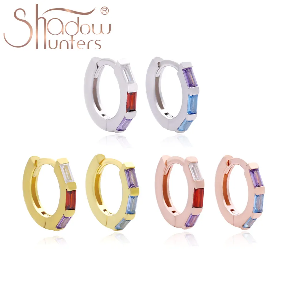

925 Sterling Silver Rainbow Square Zircon Hoop Huggies Earring For Women Fine Sparkle Colorful Multi Cubic Zircon Circle Earring
