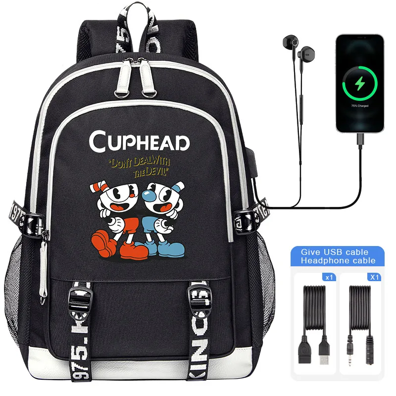 

Cuphead Mugman Boy Girl School Bags For Kids Student Backpack Men Teenager USB Charging Laptop Book Bag Mochila Travel Bag