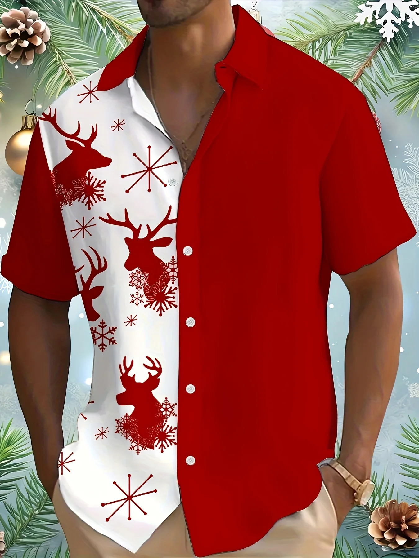 Men Black White Spliced Reindeer Snowflake Print Short Sleeve Shirt Lapel Collar Button‑Up Polyester Christmas Party Blouse