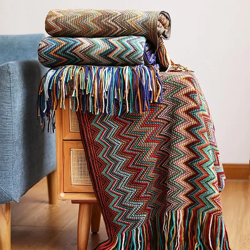 Bohemian Couch Blanket, Large Knitted Tassel Throw for Bed, Chair Sofa Couch Cover All-Season Decor Soft Comfortable Easy Clean