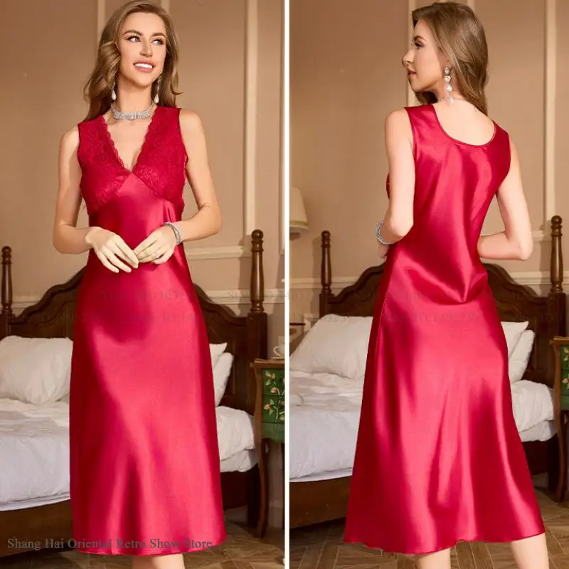 صيف جديد الجليد ثوب نوم حرير المرأة ملابس خاصة مثير المرقعة الدانتيل العميق الخامس الرقبة فستان النوم المنزل روب للنوم ملابس منزلية فضفاضة #6