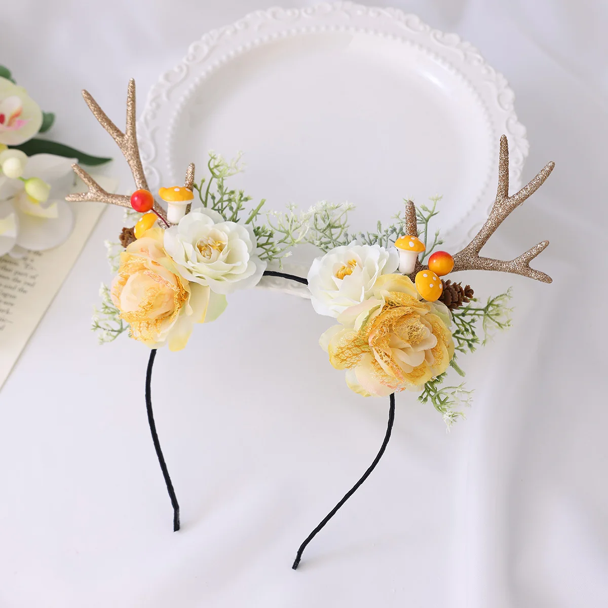 ربطة شعر مصنوعة يدويًا على شكل قرن الوعل الذهبي على شكل غزال بتصميم لطيف لإكسسوارات شعر التصوير الفوتوغرافي لحفلات عيد الميلاد اليومية #6